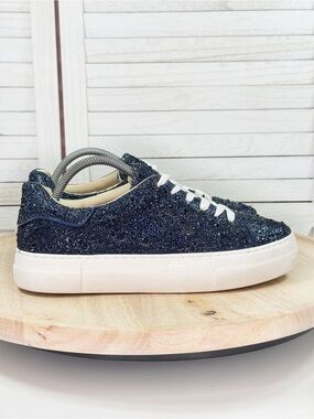 Betsey Johnson Sidny Rhinestone Platform Sneakers  Navy Blue White 9.5